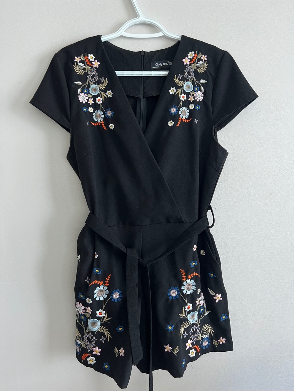 Black Embroidered Floral Romper